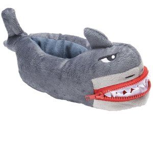 Boys Girls Plush Gray Shark Slippers with Zipper Mouth Size L/XL 3/4 NWT